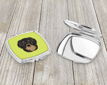 Load image into Gallery viewer, Checkerboard Lime Green Longhair Black and Tan Dachshund Compact Mirror – Stylish Purse Mirror with Artistic Covers BB1275SCM