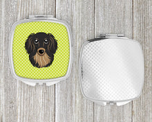 Load image into Gallery viewer, Checkerboard Lime Green Longhair Black and Tan Dachshund Compact Mirror – Stylish Purse Mirror with Artistic Covers BB1275SCM