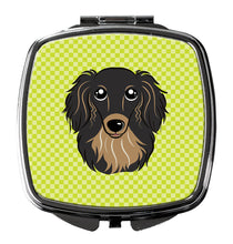 Load image into Gallery viewer, Checkerboard Lime Green Longhair Black and Tan Dachshund Compact Mirror – Stylish Purse Mirror with Artistic Covers BB1275SCM