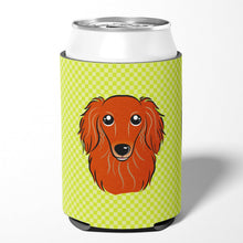 Load image into Gallery viewer, Checkerboard Lime Green Longhair Red Dachshund Can or Bottle Hugger BB1276CC