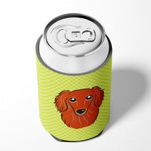 Load image into Gallery viewer, Checkerboard Lime Green Longhair Red Dachshund Can or Bottle Hugger BB1276CC