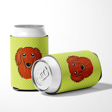 Load image into Gallery viewer, Checkerboard Lime Green Longhair Red Dachshund Can or Bottle Hugger BB1276CC
