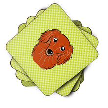 Load image into Gallery viewer, Checkerboard Lime Green Longhair Red Dachshund Coasters - Set of 4 Lightweight Foam, Absorbent Drink Coasters BB1276FC