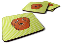 Load image into Gallery viewer, Checkerboard Lime Green Longhair Red Dachshund Coasters - Set of 4 Lightweight Foam, Absorbent Drink Coasters BB1276FC