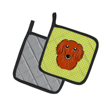 Load image into Gallery viewer, Checkerboard Lime Green Longhair Red Dachshund Pot Holders - Set of 2 - Heat-Resistant Kitchen Essentials BB1276PTHD