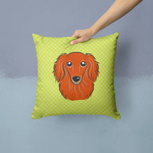Load image into Gallery viewer, Checkerboard Lime Green Longhair Red Dachshund Canvas Throw Pillow - 14x14 Decorative Pillow – Art for Your Home &amp; Patio BB1276PW1414