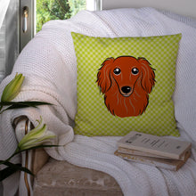 Load image into Gallery viewer, Checkerboard Lime Green Longhair Red Dachshund Canvas Throw Pillow - 14x14 Decorative Pillow – Art for Your Home &amp; Patio BB1276PW1414