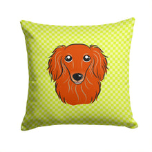 Load image into Gallery viewer, Checkerboard Lime Green Longhair Red Dachshund Canvas Throw Pillow - 14x14 Decorative Pillow – Art for Your Home &amp; Patio BB1276PW1414