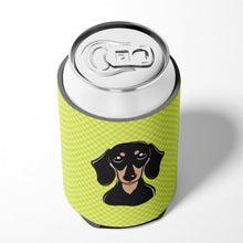 Load image into Gallery viewer, Checkerboard Lime Green Smooth Black and Tan Dachshund Can or Bottle Hugger BB1277CC