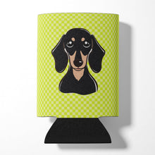 Load image into Gallery viewer, Checkerboard Lime Green Smooth Black and Tan Dachshund Can or Bottle Hugger BB1277CC