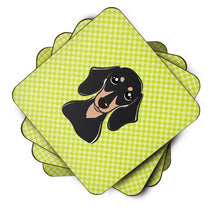 Load image into Gallery viewer, Checkerboard Lime Green Smooth Black and Tan Dachshund Coasters - Set of 4 Lightweight Foam, Absorbent Drink Coasters BB1277FC