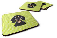 Load image into Gallery viewer, Checkerboard Lime Green Smooth Black and Tan Dachshund Coasters - Set of 4 Lightweight Foam, Absorbent Drink Coasters BB1277FC