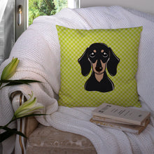 Load image into Gallery viewer, Checkerboard Lime Green Smooth Black and Tan Dachshund Canvas Throw Pillow - 14x14 Decorative Pillow – Art for Your Home &amp; Patio BB1277PW1414