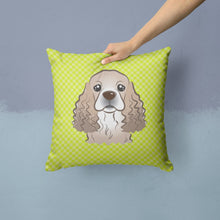 Load image into Gallery viewer, Checkerboard Lime Green Cocker Spaniel Canvas Throw Pillow - 14x14 Decorative Pillow – Art for Your Home &amp; Patio BB1278PW1414