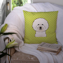 Load image into Gallery viewer, Checkerboard Lime Green Bichon Frise Canvas Throw Pillow - 14x14 Decorative Pillow – Art for Your Home &amp; Patio BB1279PW1414