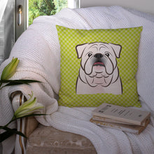 Load image into Gallery viewer, Checkerboard Lime Green White English BulldogThrow Pillow - 14x14 Decorative Pillow – Art for Your Home &amp; Patio BB1282PW1414