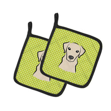 Load image into Gallery viewer, Checkerboard Lime Green Yellow Labrador Pot Holders - Set of 2 - Heat-Resistant Kitchen Essentials BB1284PTHD