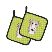 Load image into Gallery viewer, Checkerboard Lime Green Borzoi Pot Holders - Set of 2 - Heat-Resistant Kitchen Essentials BB1290PTHD