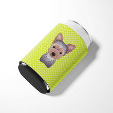 Load image into Gallery viewer, Checkerboard Lime Green Yorkie Puppy Can or Bottle Hugger BB1294CC