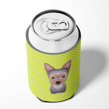 Load image into Gallery viewer, Checkerboard Lime Green Yorkie Puppy Can or Bottle Hugger BB1294CC