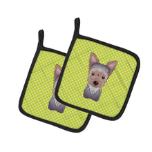 Load image into Gallery viewer, Checkerboard Lime Green Yorkie Puppy Pot Holders - Set of 2 - Heat-Resistant Kitchen Essentials BB1294PTHD