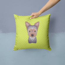 Load image into Gallery viewer, Checkerboard Lime Green Yorkie Puppy Canvas Throw Pillow - 14x14 Decorative Pillow – Art for Your Home &amp; Patio BB1294PW1414