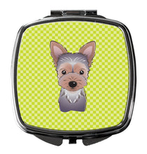 Load image into Gallery viewer, Checkerboard Lime Green Yorkie Puppy Compact Mirror – Stylish Purse Mirror with Artistic Covers BB1294SCM