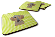Load image into Gallery viewer, Checkerboard Lime Green Wirehaired Dachshund Coasters - Set of 4 Lightweight Foam, Absorbent Drink Coasters BB1295FC