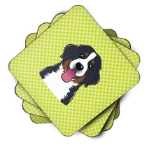 Load image into Gallery viewer, Checkerboard Lime Green Bernese Mountain Dog Coasters - Set of 4 Lightweight Foam, Absorbent Drink Coasters BB1299FC
