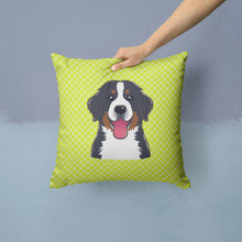 Load image into Gallery viewer, Checkerboard Lime Green Bernese Mountain Dog Canvas Throw Pillow - 14x14 Decorative Pillow – Art for Your Home &amp; Patio BB1299PW1414