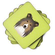 Load image into Gallery viewer, Checkerboard Lime Green Sheltie Coasters - Set of 4 Lightweight Foam, Absorbent Drink Coasters BB1304FC