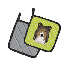 Load image into Gallery viewer, Checkerboard Lime Green Sheltie Pot Holders - Set of 2 - Heat-Resistant Kitchen Essentials BB1304PTHD