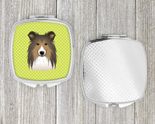 Load image into Gallery viewer, Checkerboard Lime Green Sheltie Compact Mirror – Stylish Purse Mirror with Artistic Covers BB1304SCM