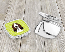 Load image into Gallery viewer, Checkerboard Lime Green Basset Hound Compact Mirror – Stylish Purse Mirror with Artistic Covers BB1305SCM