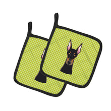 Load image into Gallery viewer, Checkerboard Lime Green Doberman Pot Holders - Set of 2 - Heat-Resistant Kitchen Essentials BB1307PTHD