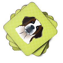 Load image into Gallery viewer, Checkerboard Lime Green Saint Bernard Coasters - Set of 4 Lightweight Foam, Absorbent Drink Coasters BB1308FC
