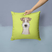 Load image into Gallery viewer, Checkerboard Lime Green Wire Haired Fox Terrier Canvas Throw Pillow - 14x14 Decorative Pillow – Art for Your Home &amp; Patio BB1309PW1414