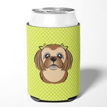 Load image into Gallery viewer, Checkerboard Lime Green Chocolate Brown Shih Tzu Can or Bottle Hugger BB1311CC