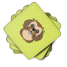 Load image into Gallery viewer, Checkerboard Lime Green Chocolate Brown Shih Tzu Coasters - Set of 4 Lightweight Foam, Absorbent Drink Coasters BB1311FC