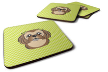 Load image into Gallery viewer, Checkerboard Lime Green Chocolate Brown Shih Tzu Coasters - Set of 4 Lightweight Foam, Absorbent Drink Coasters BB1311FC