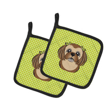 Load image into Gallery viewer, Checkerboard Lime Green Chocolate Brown Shih Tzu Pot Holders - Set of 2 - Heat-Resistant Kitchen Essentials BB1311PTHD