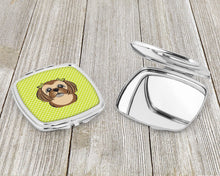 Load image into Gallery viewer, Checkerboard Lime Green Chocolate Brown Shih Tzu Compact Mirror – Stylish Purse Mirror with Artistic Covers BB1311SCM