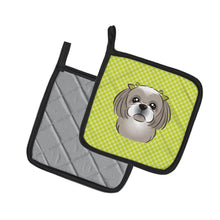 Load image into Gallery viewer, Checkerboard Lime Green Gray Silver Shih Tzu Pot Holders - Set of 2 - Heat-Resistant Kitchen Essentials BB1312PTHD