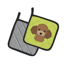 Load image into Gallery viewer, Checkerboard Lime Green Chocolate Brown Poodle Pot Holders - Set of 2 - Heat-Resistant Kitchen Essentials BB1318PTHD