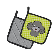 Load image into Gallery viewer, Checkerboard Lime Green Silver Gray Poodle Pot Holders - Set of 2 - Heat-Resistant Kitchen Essentials BB1321PTHD