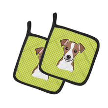 Load image into Gallery viewer, Checkerboard Lime Green Jack Russell Terrier Pot Holders - Set of 2 - Heat-Resistant Kitchen Essentials BB1322PTHD