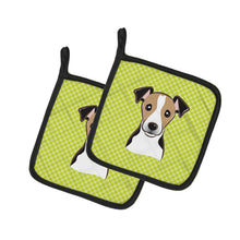 Load image into Gallery viewer, Checkerboard Lime Green Jack Russell Terrier Pot Holders - Set of 2 - Heat-Resistant Kitchen Essentials BB1323PTHD