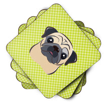 Load image into Gallery viewer, Checkerboard Lime Green Fawn Pug Coasters - Set of 4 Lightweight Foam, Absorbent Drink Coasters BB1324FC