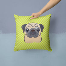Load image into Gallery viewer, Checkerboard Lime Green Fawn Pug Canvas Throw Pillow - 14x14 Decorative Pillow – Art for Your Home &amp; Patio BB1324PW1414