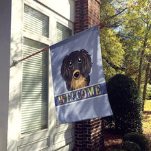 Load image into Gallery viewer, Longhair Black and Tan Dachshund Welcome Flag Canvas House Size BB1399CHF